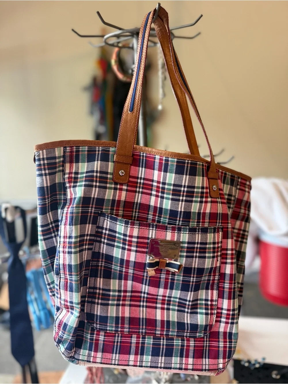 Tommy Hilfiger Plaid Tote Bag with Brown Leather Handles